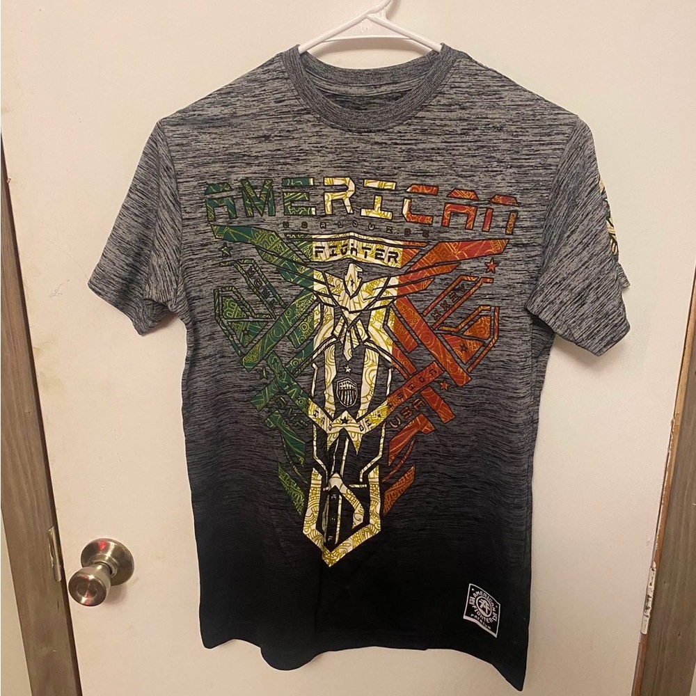 American Fighter Gray-to-Black Fade Tee with Multicolor Shield Graphic